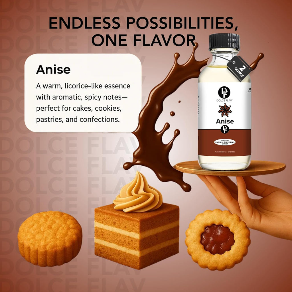 Dolce Flav Natural Anise Extract – 8 Ounce Oil-Soluble Kosher, Sugar-Free, Concentrated Licorice Anise Flavoring for Baking, Cookies & Liqueurs, Includes Measured Dropper