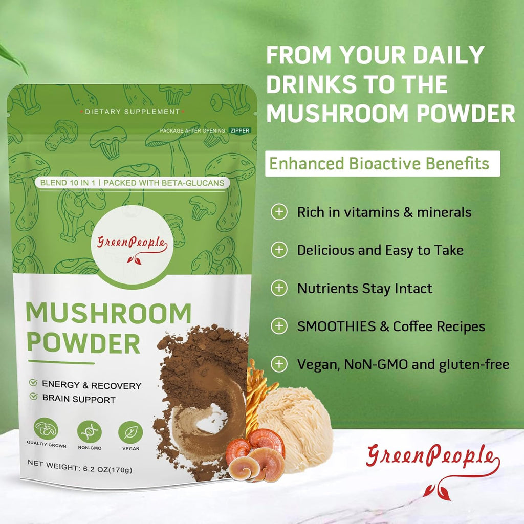Mushroom Powder Mushroom Supplement - 10-in-1 Mushrooms Lions Mane Powder with Reishi/Cordyceps/Chaga/Turkey Tail/Maitake/Complex for Cognitive Function & Immune Support 78 Servings