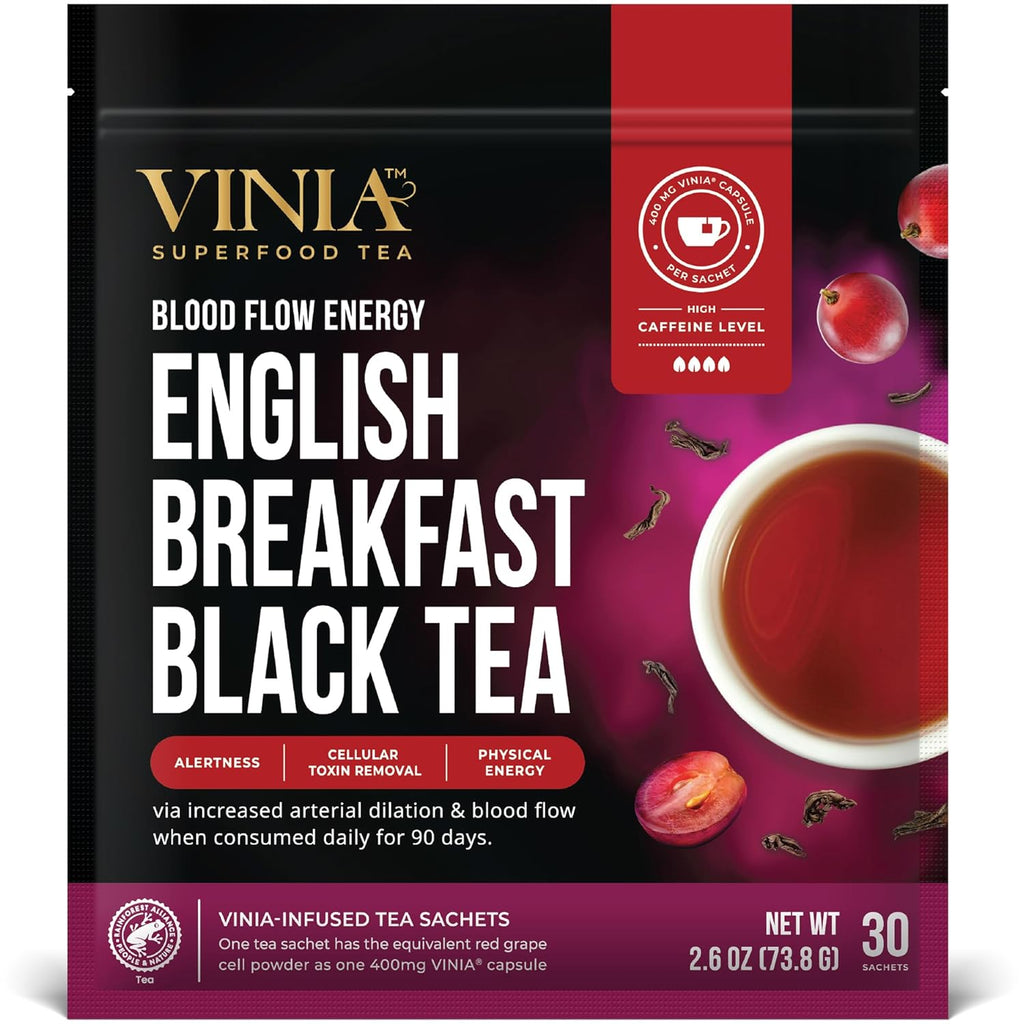 VINIA English Breakfast Black Tea Bags, Made with Organic Tea, Infused with Piceid Resveratrol for Heart Health, Nitric Oxide, Physical Energy, Alertness, Blood Flow, Keto, Kosher, NON-GMO. 30 Ct