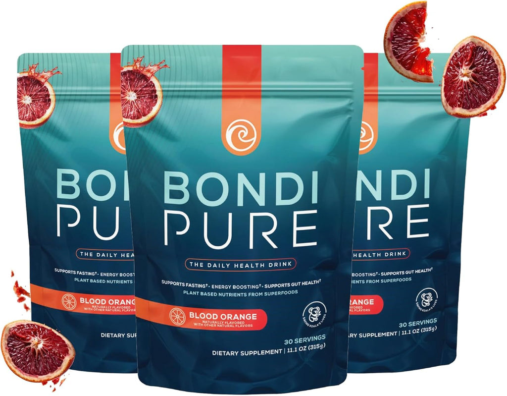 Bondi Pure - Daily Health & Detox Drink - Promote Gut Health & Energy Support During a Cleanse or Intermittent Fasting - Plant-Based Fibers, Alkalizing Super Greens - Blood Orange (3-Pack)