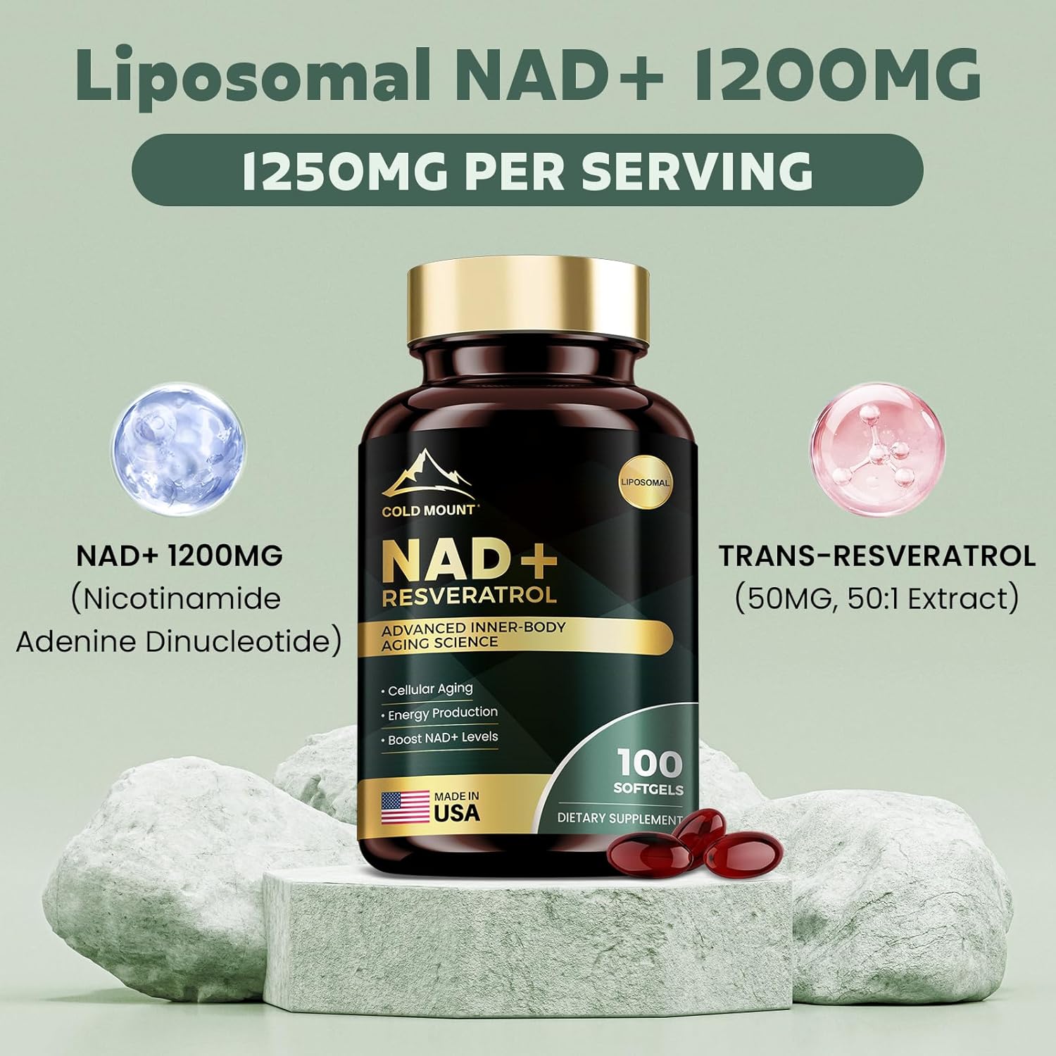 Liposomal NAD+ Supplement 1200mg with Trans Resveratrol - Boost NAD+ Levels, Energy & Anti-Aging Support - Vegan, 100 Softgels