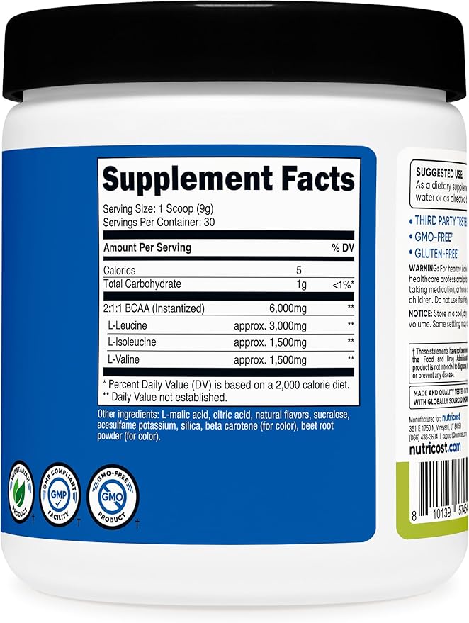 Nutricost BCAA Powder 2:1:1 (Peach Pear, 30 Servings) - Branched Chain Amino Acids