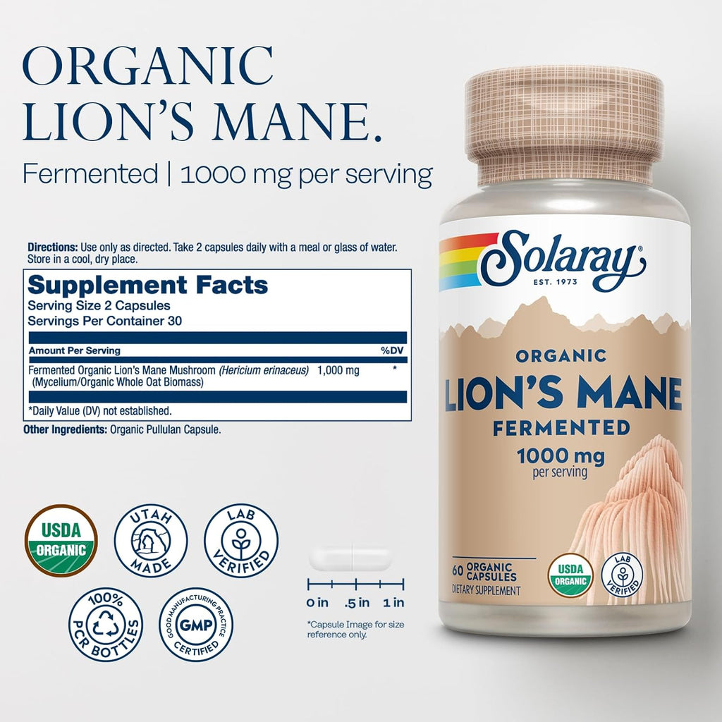 SOLARAY Organic Lions Mane Supplement Capsules - Providing 1000 mg of Lion's Mane Organic Mushrooms, Fermented for Enhanced Absorption - Vegan, 60-Day Guarantee, Lab Verified, 30 Servings, 60 VegCaps