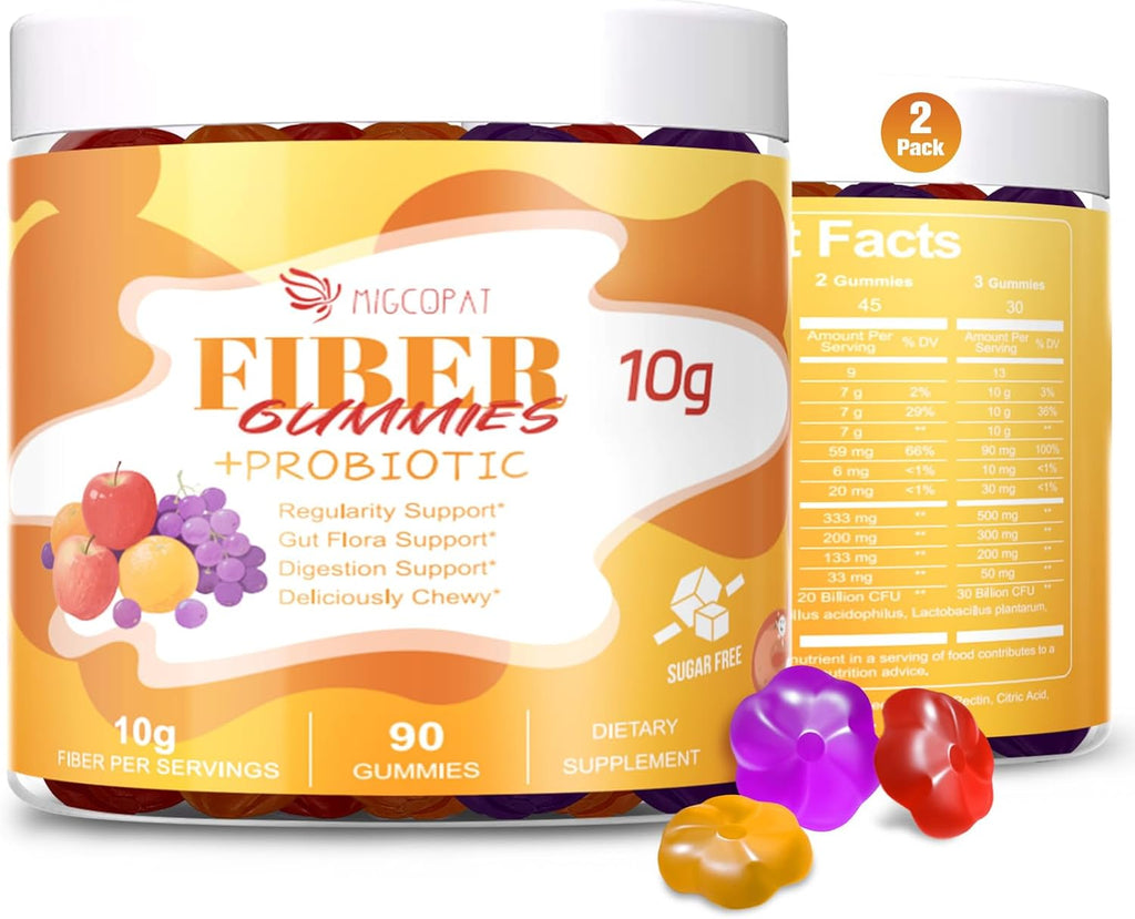 10G Fiber Gummies for Adults - Support Digestive Health - Fiber Supplement with 30 Billion CFU Probiotics Blend, ACV, Vitamin C, Inulin - No Sugar Added - Fruit Flavored - 180 Count