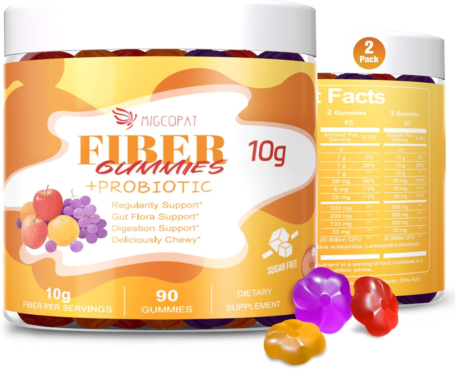 10G Fiber Gummies for Adults - Support Digestive Health - Fiber Supplement with 30 Billion CFU Probiotics Blend, ACV, Vitamin C, Inulin - No Sugar Added - Fruit Flavored - 180 Count