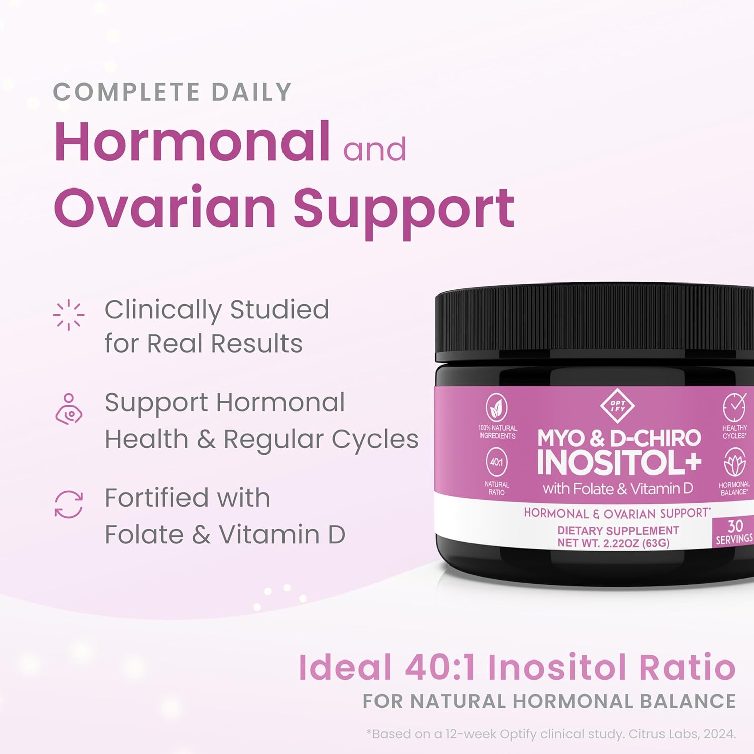 Optify Myo-Inositol & D-Chiro Inositol Supplement Powder for Women – 40:1 Ratio Plus Folate and Vitamin D – Support Healthy Hormonal Balance, Regular Cycles, & Ovarian Health – 30-Day Supply