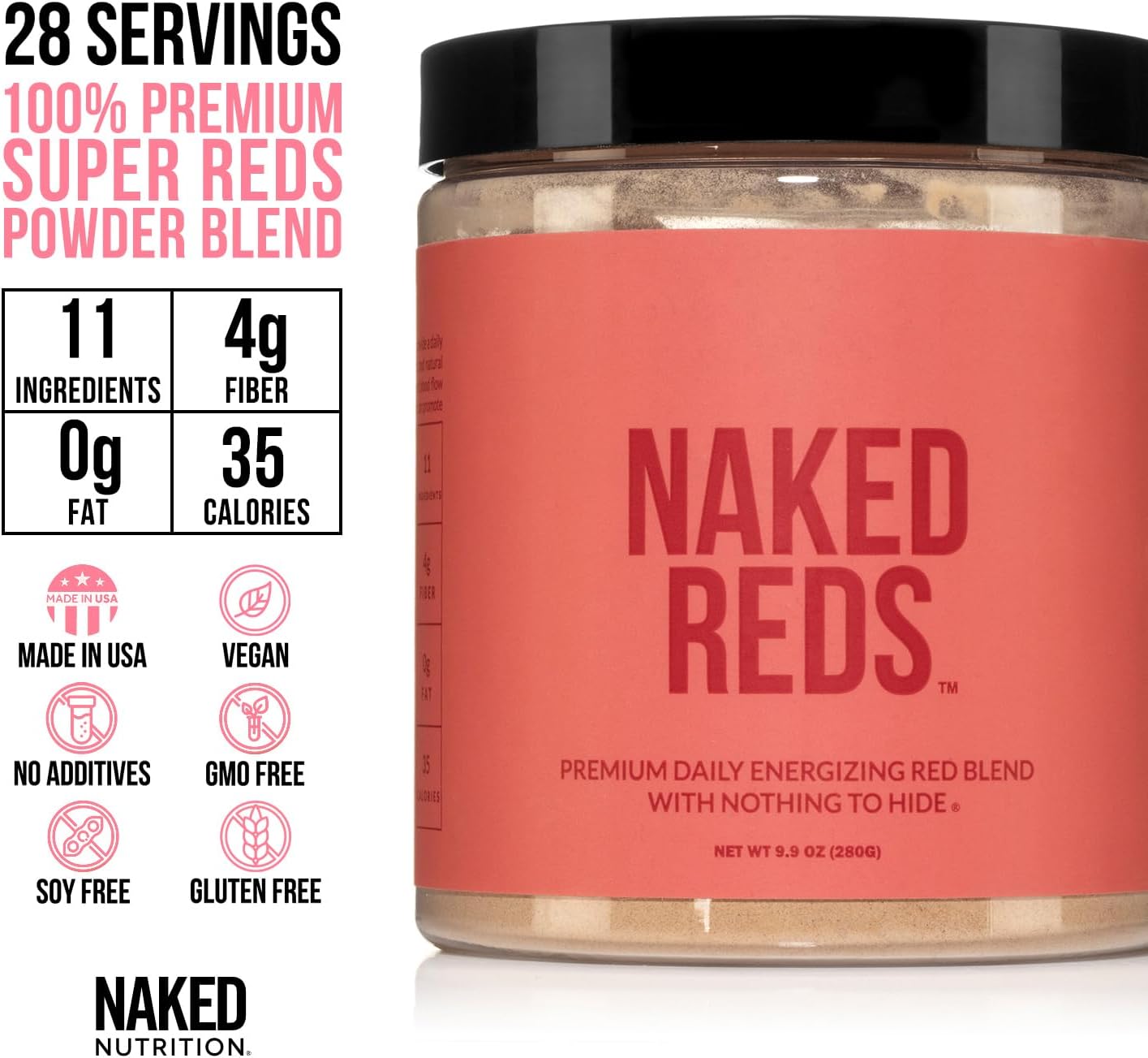 NAKED Reds Superfood Powder - Healthy, Energizing Polyphenol Fruit Powder Mix, No Fillers, No Additives, Vegan, Non-GMO, Gluten Free - 28 Servings