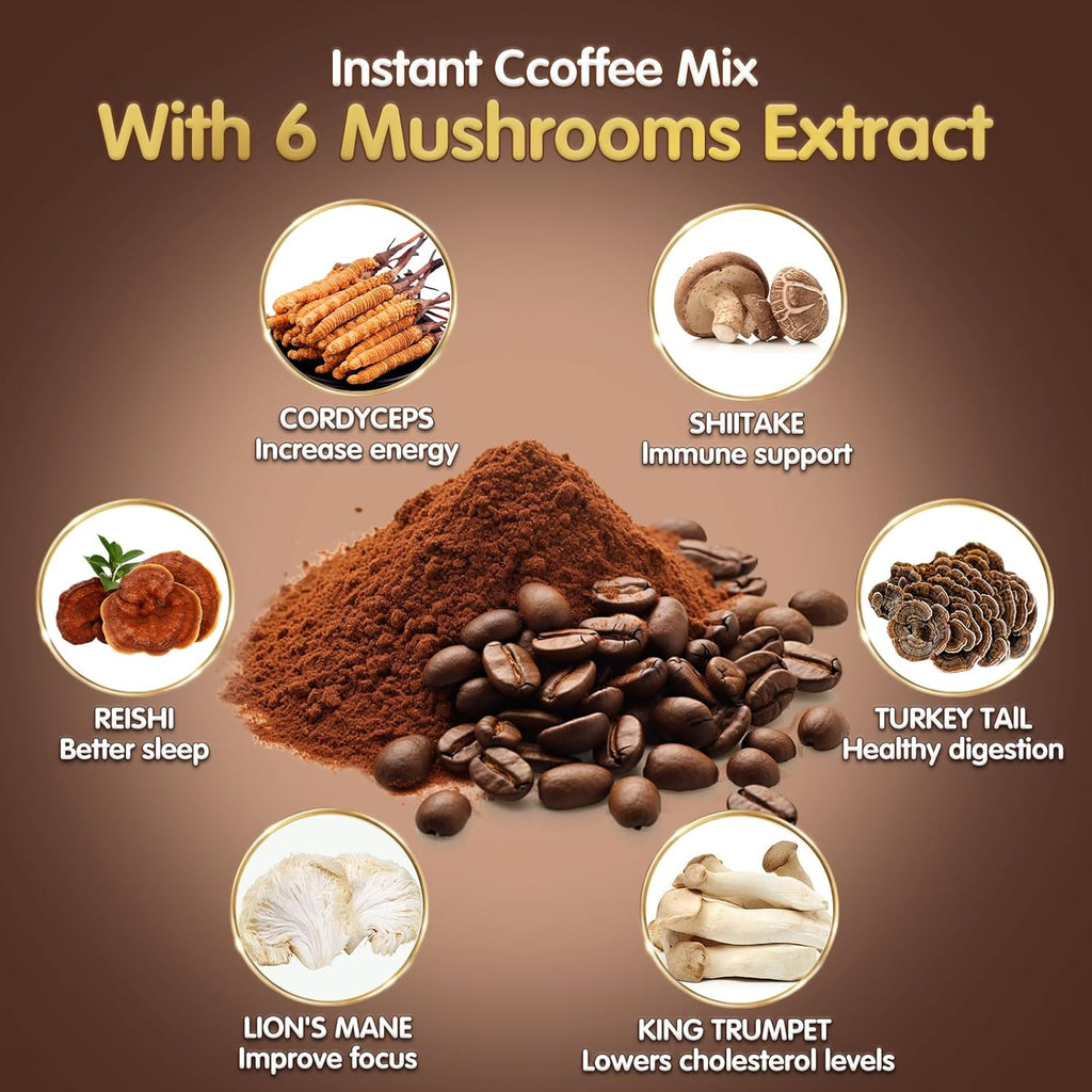 Mushroom Coffee, 6 Adaptogenic Mushrooms (Lion's Mane, Cordyceps, Turkey Tail & Other) Mixed with Premium Instant Coffee for Focus, Energy, Immune and Gut Health Support, 60 Servings