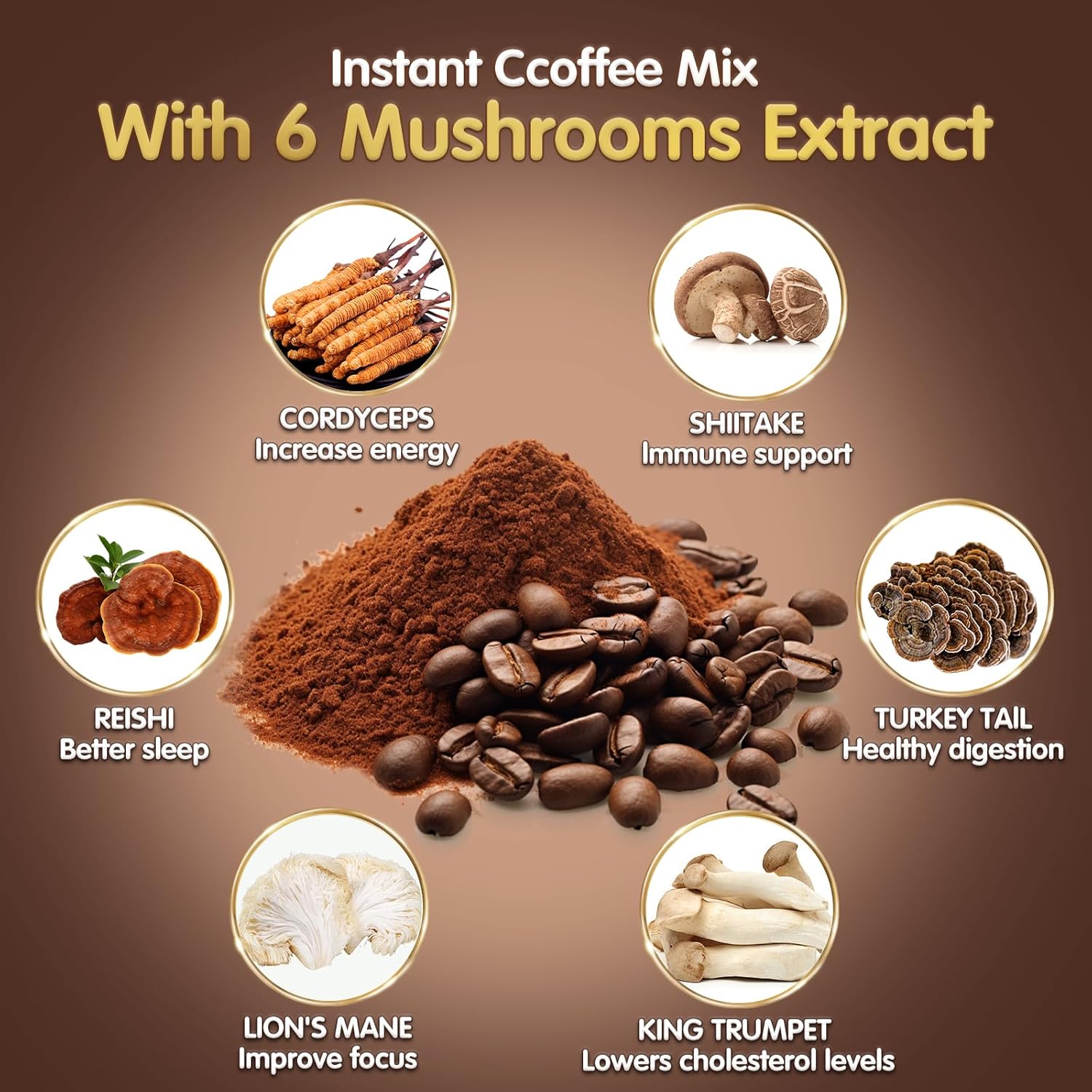 Mushroom Coffee, 6 Adaptogenic Mushrooms (Lion's Mane, Cordyceps, Turkey Tail & Other) Mixed with Premium Instant Coffee for Focus, Energy, Immune and Gut Health Support, 60 Servings