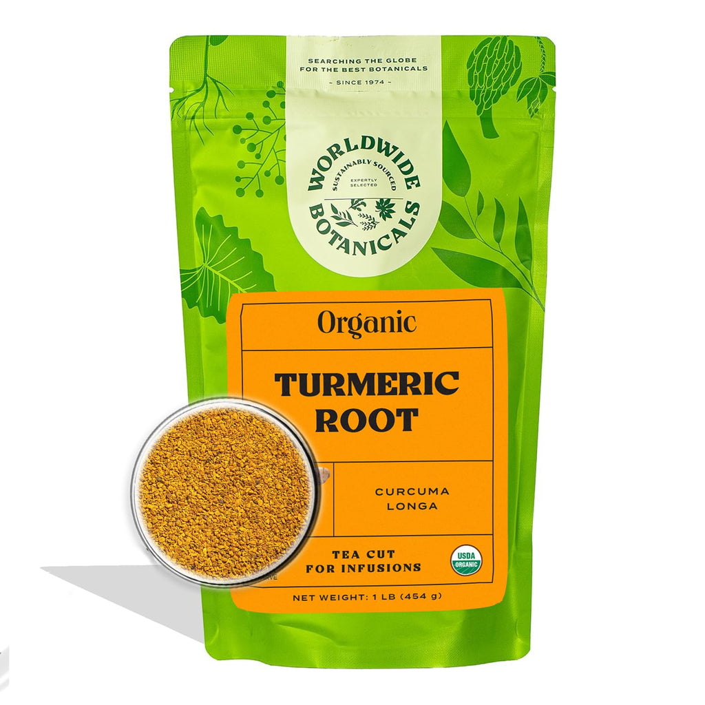 Worldwide Botanicals Organic Turmeric Tea, 1 lb, Tea Cut For Best Infusion - 100% Curcuma longa – Ayurvedic Herb For Optimal Health - 16 ounces