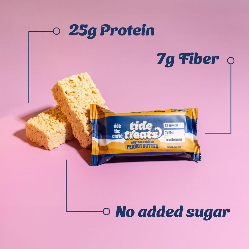 Crispy Rice Protein Treat Peanut Butter Bar | 25 g Protein, No Added Sugar, 7 g Fiber, Gluten Free | High Protein Snack for On-the-Go, Post-Workout or Dessert Cravings | 8 Count | TideTreats