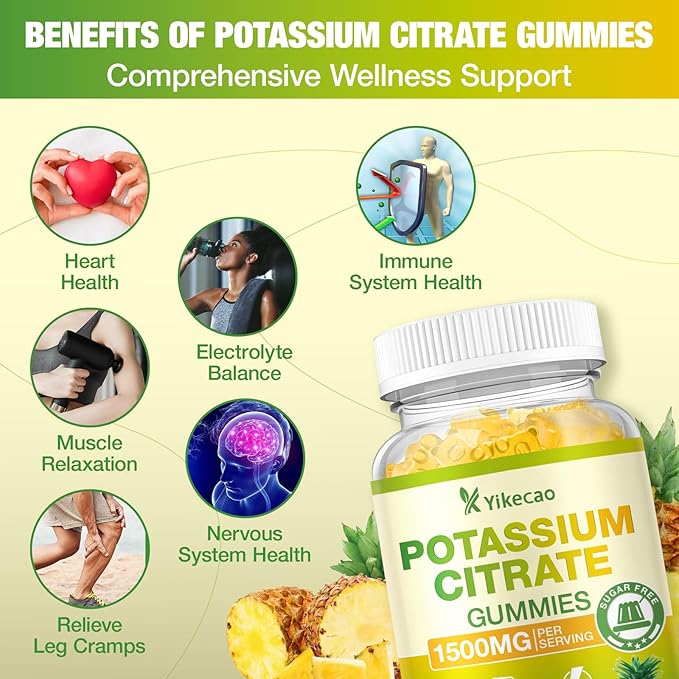 2 Pack Potassium Citrate Gummies 1500mg, Potassium Supplement Gummies for Adults Women & Men, Support Leg Cramps & Muscle Health, Sugar-Free, Pineapple Flavor, 120 Count