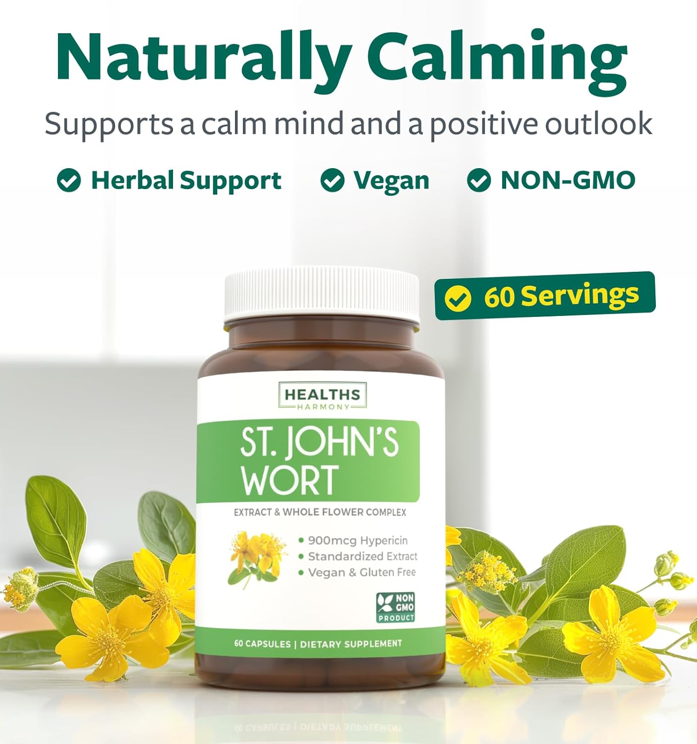 St John's Wort Capsules - Powerful & Potent Saint John's Wort Extract & Whole Herb Complex Standardized to 900mcg Hypericin for Balancing Daily Mood Support - Vegan Non-GMO & Lab Verified (60 Caps)