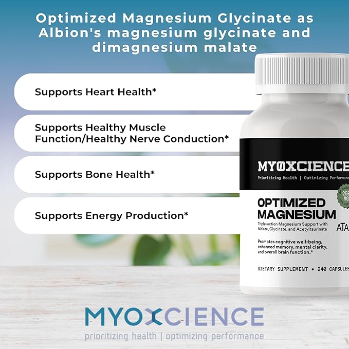MYOXCIENCE Optimized Magnesium Glycinate + Magnesium Taurate (as ATAmag®) for High Brain Bioavailability to Support Stress Relief and Sleep | 80 Servings