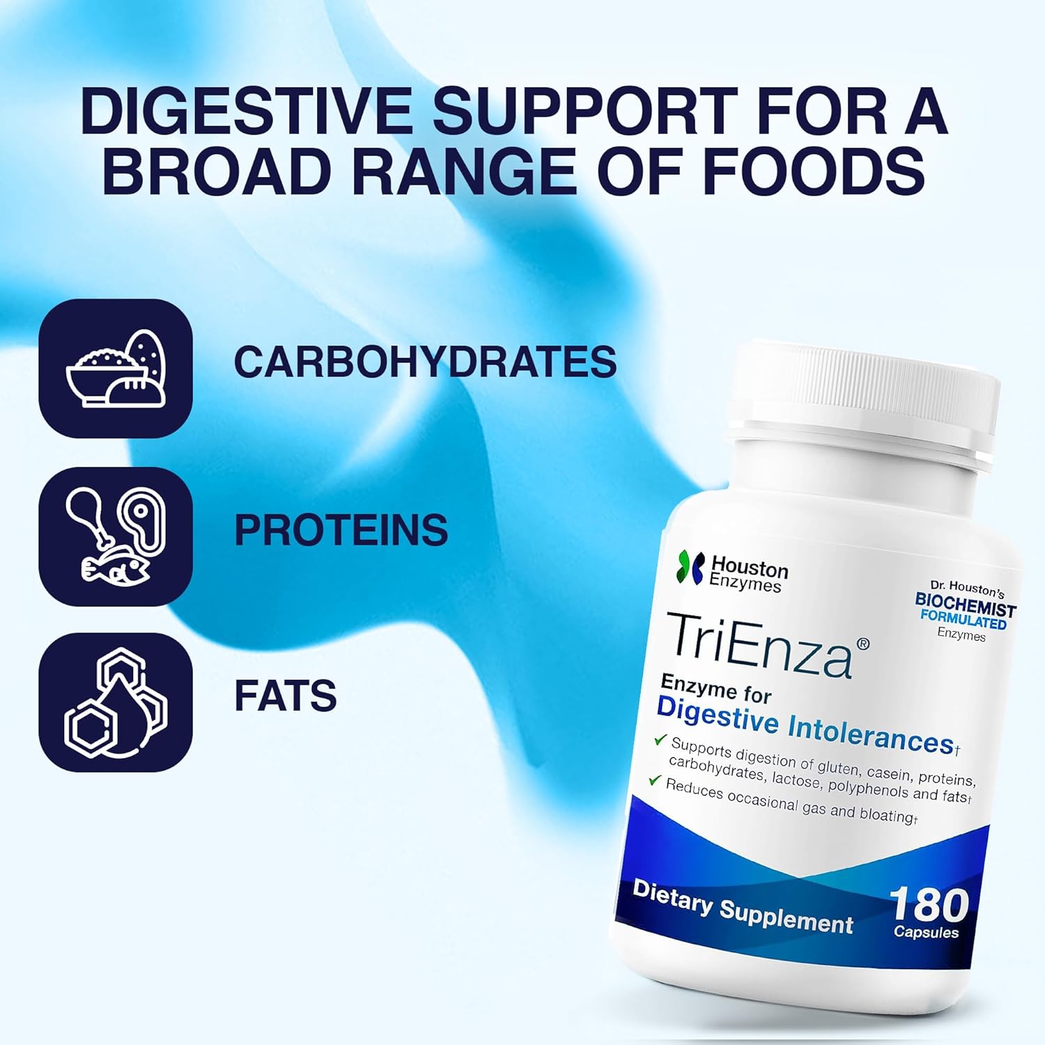TriEnza Digestive Enzymes for Women & Men, Digestive Enzyme Supplements for Proteins, Carbs, Fats & Polyphenols Help Break Down Wheat, Dairy, Soy, 180 Capsules (90 Doses)