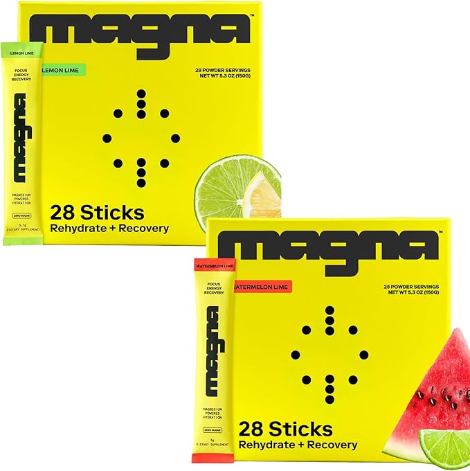 MAGNA Electrolytes Powder Drink Mix Bundle – Lemon Lime & Watermelon Lime Flavors, 56 Servings | Hydration, Energy & Focus Support with Magnesium L-Threonate, Sodium, Potassium, Vitamin D, B6 & B12