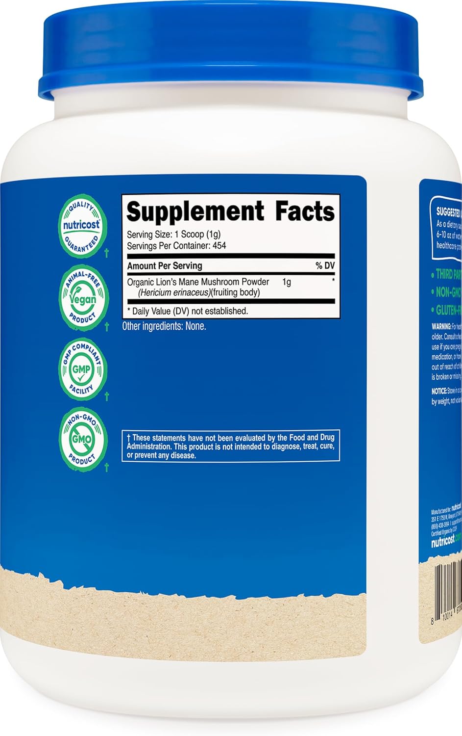 Nutricost Organic Lion's Mane Mushroom Powder 1LB - Certified USDA Organic