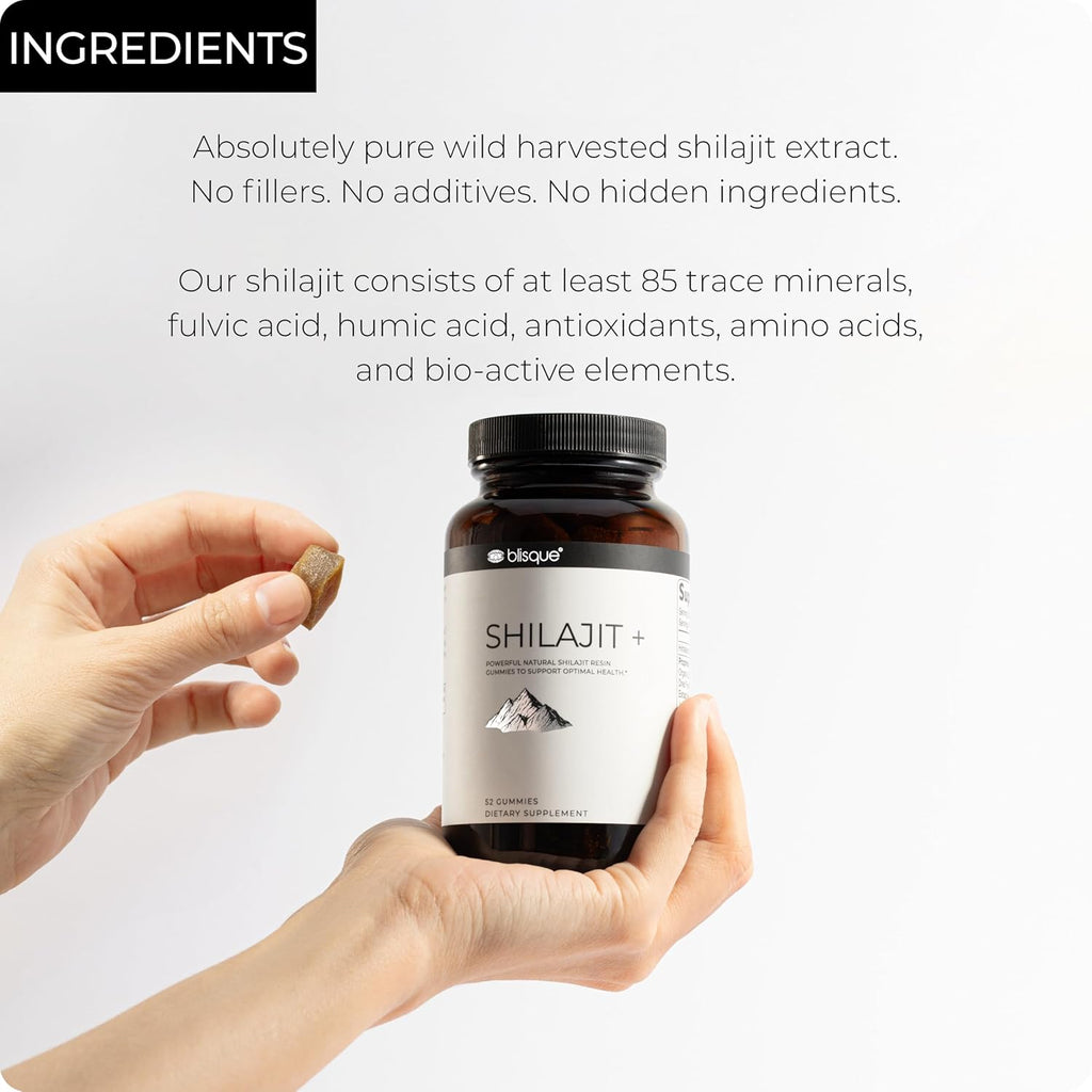Blisque – Pure Himalayan Organic Shilajit Resin Gummies Supplement | Contains Fulvic Acid and Trace Minerals | Authentic and Natural | 52 Gummies