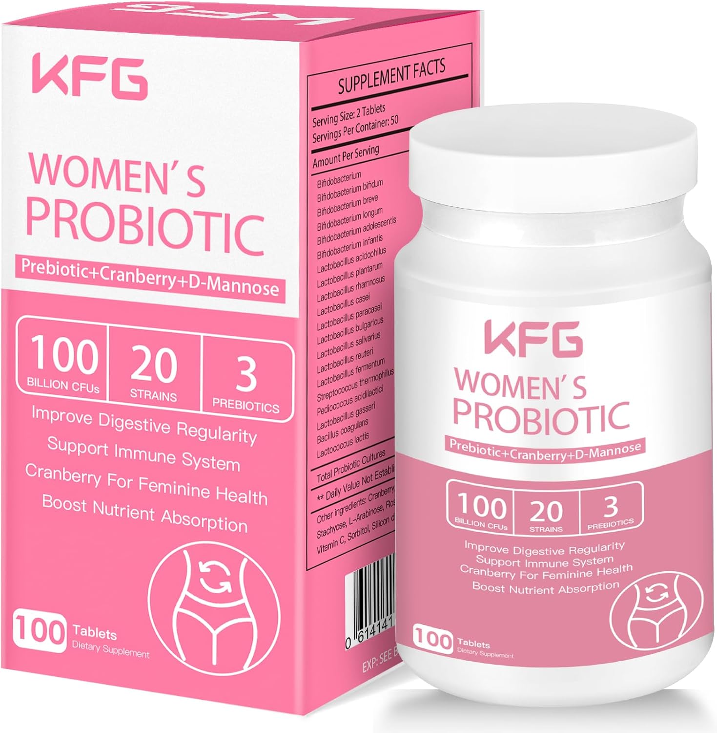 KFG Women's Probiotic, 100 Billion CFUs, 20 Strains, with Organic Prebiotics+Cranberry & D-Mannose, for Boost Immune, Digestive, Gut, Vaginal & Urinary Health, Gluten Dairy & Soy Free, 100 Tablets.