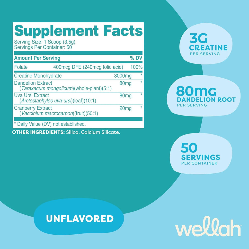 Wellah Creatine for Women - Creatine Monohydrate with Dandelion & Cranberry Extract (50 Servings, Unflavored)