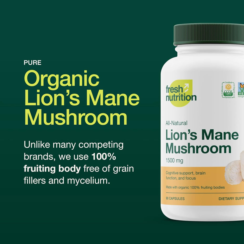 Fresh Nutrition Organic Lions Mane Mushroom Capsules - Strongest DNA Verified Formula - Rich in Alpha Glucan - Powerful Superfood Supplement - Brain, Immune System Benefits - Vegan Friendly