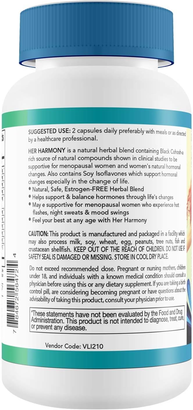 Her Harmony Menopause Supplements for Women - Hot Flashes Menopause Relief & Hormone Balance for Women - Contains Black Cohosh, Dong Quai, Red Clover & More - Estrogen Free - 120 Capsules