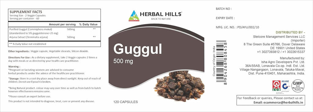 HERBAL HILLS Guggul Capsule with Arjuna Extract 1000mg 120 Count