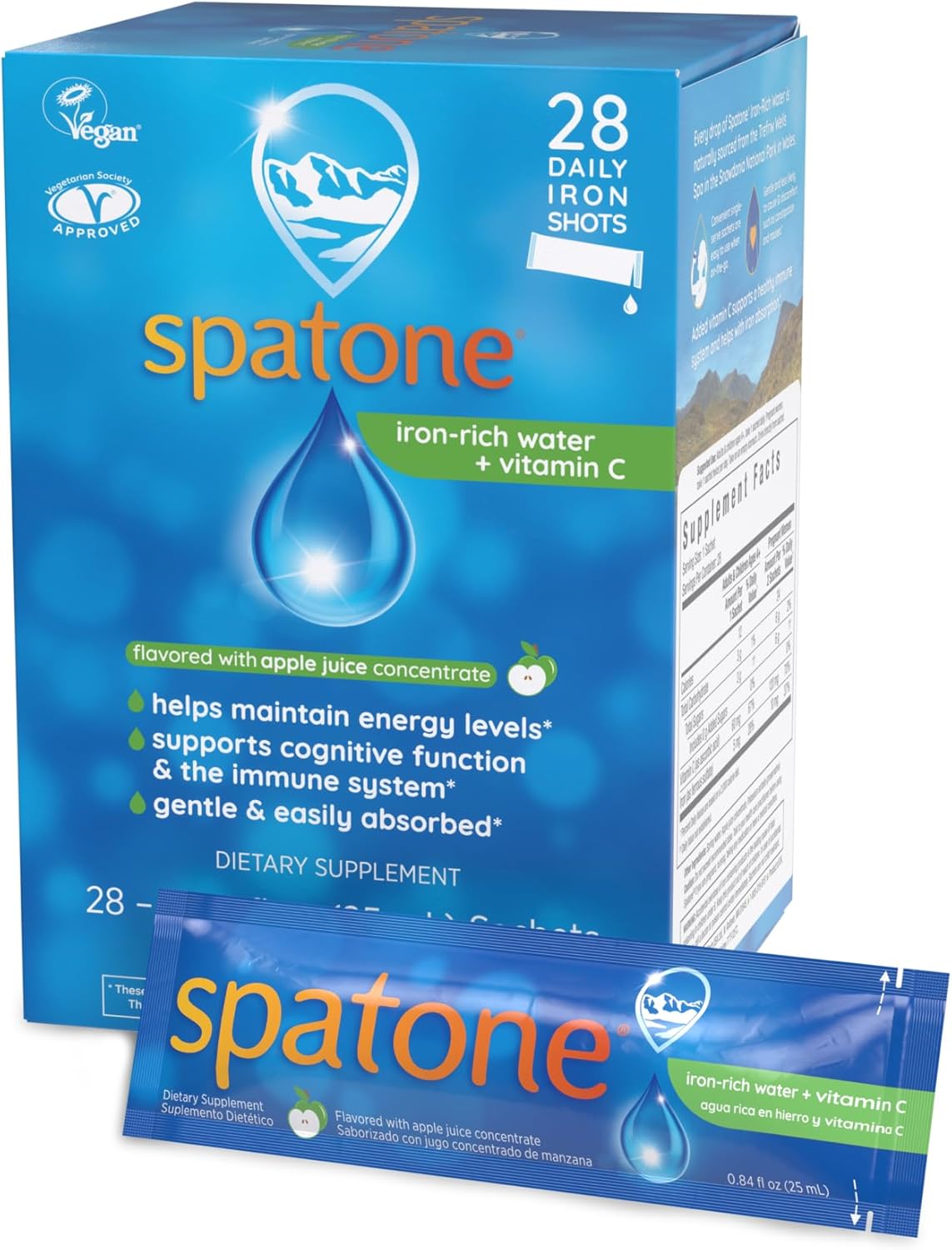 Spatone Natural Liquid Iron Supplement Plus VIT C for Women - Men & Kids Ages 4+ - Ideal During Pregnancy - Easily Absorbed & Gentle - Vegan - Apple Flavor - 28-Day - 5mg of Iron Per 20mL Sachet
