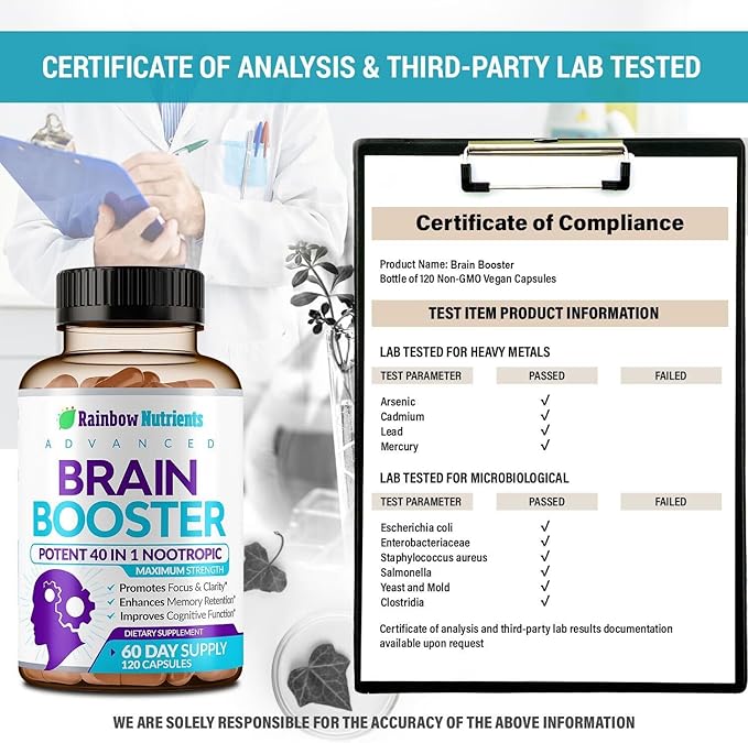 40-in-1 Brain Booster Supplements for Memory, Focus, Clarity, Energy, Performance | Natural Nootropic Brain Support Supplement with DMAE, Bacopa Monnieri & More | for Men & Women | 120 V Capsules