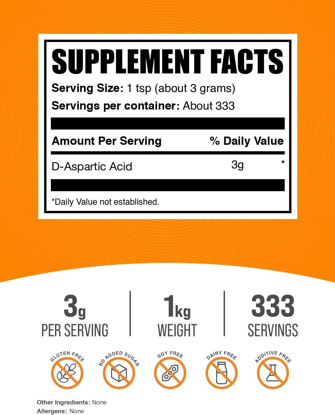 BulkSupplements.com D-Aspartic Acid Powder - D-Aspartic Acid Supplement for Men, Unflavored Amino Acid - Pure & Gluten Free, 3g per Serving, 1kg (2.2 lbs) (Pack of 1)