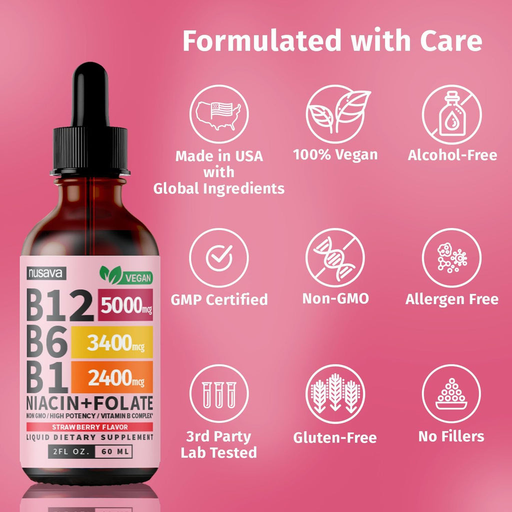 (4 Pack) Vitamin B12 and B6 Liquid Drops, B12 Sublingual Vitamin B Complex - B 12 Vitamin 5000mcg - B12 Methylcobalamin for Energy, Brain, and Heart Support with 27,200 mcg, Strawberry, 80 Servings