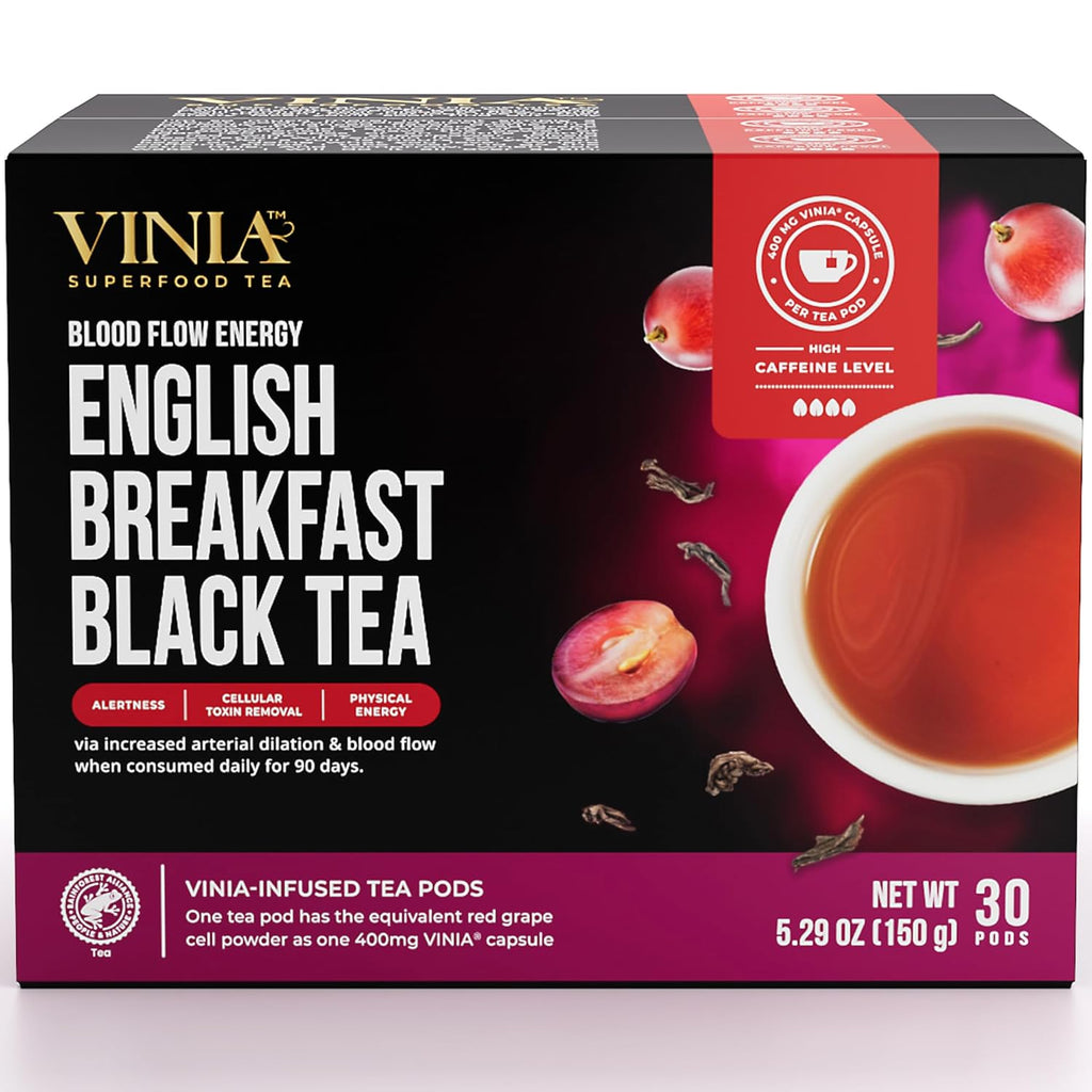 VINIA English Breakfast Black Tea K-Cup Pods, Made with Organic Tea, Infused with Piceid Resveratrol for Heart Health, Nitric Oxide, Physical Energy, Blood Flow, Keto, Kosher, NON-GMO. 30 Ct