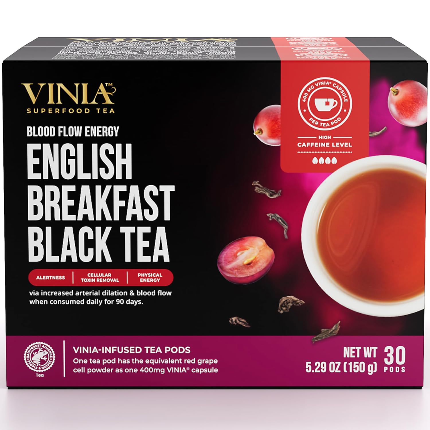 VINIA English Breakfast Black Tea K-Cup Pods, Made with Organic Tea, Infused with Piceid Resveratrol for Heart Health, Nitric Oxide, Physical Energy, Blood Flow, Keto, Kosher, NON-GMO. 30 Ct