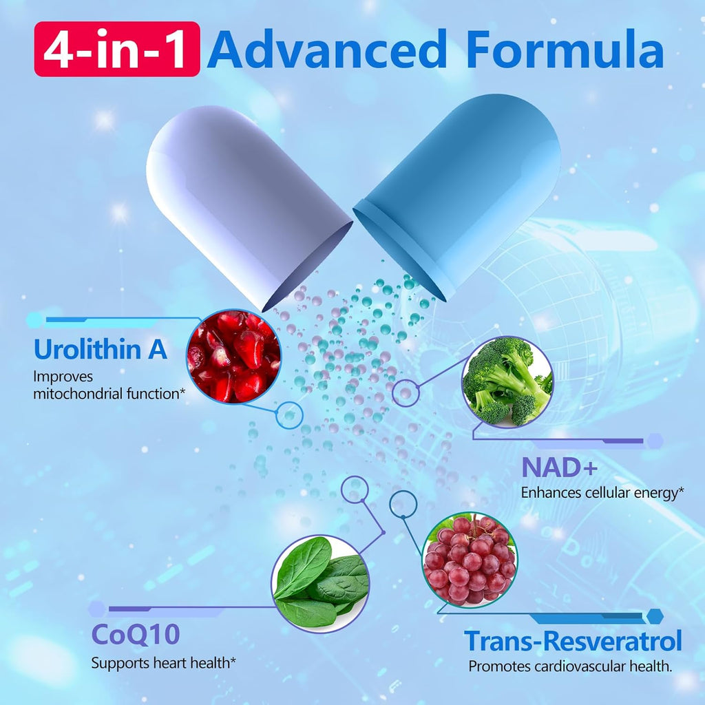 Urolithin A Supplement 1700mg with NAD+, CoQ10, Trans-Resveratrol Supplement for Men Women, 60 Softgels for Daily Health and Antioxidant Support, Muscle Energy, Healthy Aging, Highly Bioavailable