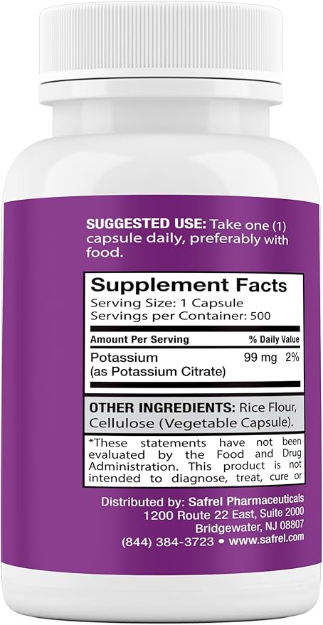 Safrel | Potassium Citrate Capsules | 500 mg Potassium Citrate + 99 mg Potassium | 500 Servings | Electrolyte Balance Support | Vegan Non-GMO | Gluten Free Halal