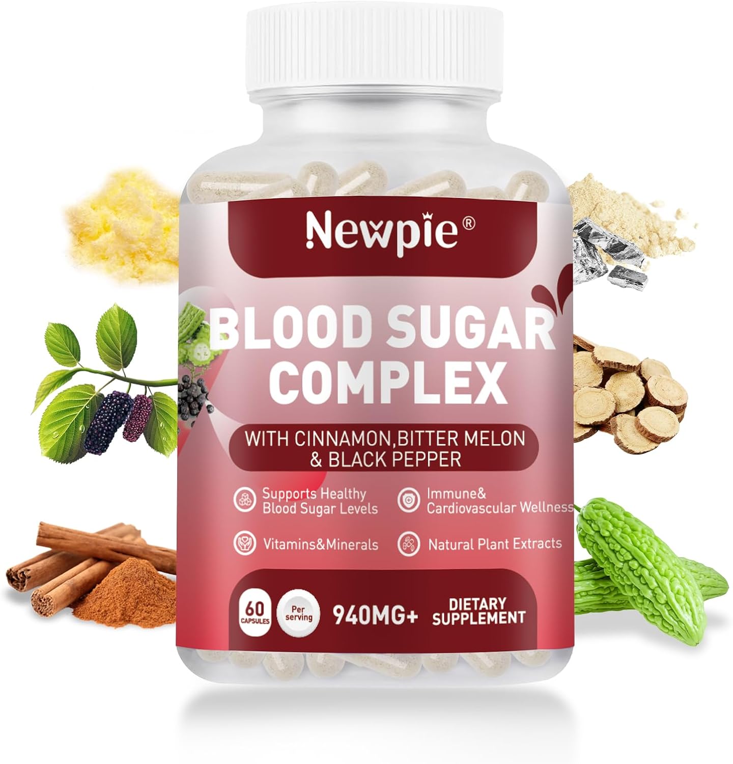 Blood Sugar Complex Supplement – Supports Healthy Blood Sugar in Normal Range, Natural with 20 Active Ingredients Including Cinnamon and Bitter Melon, Non-GMO, 60 Capsules (1)