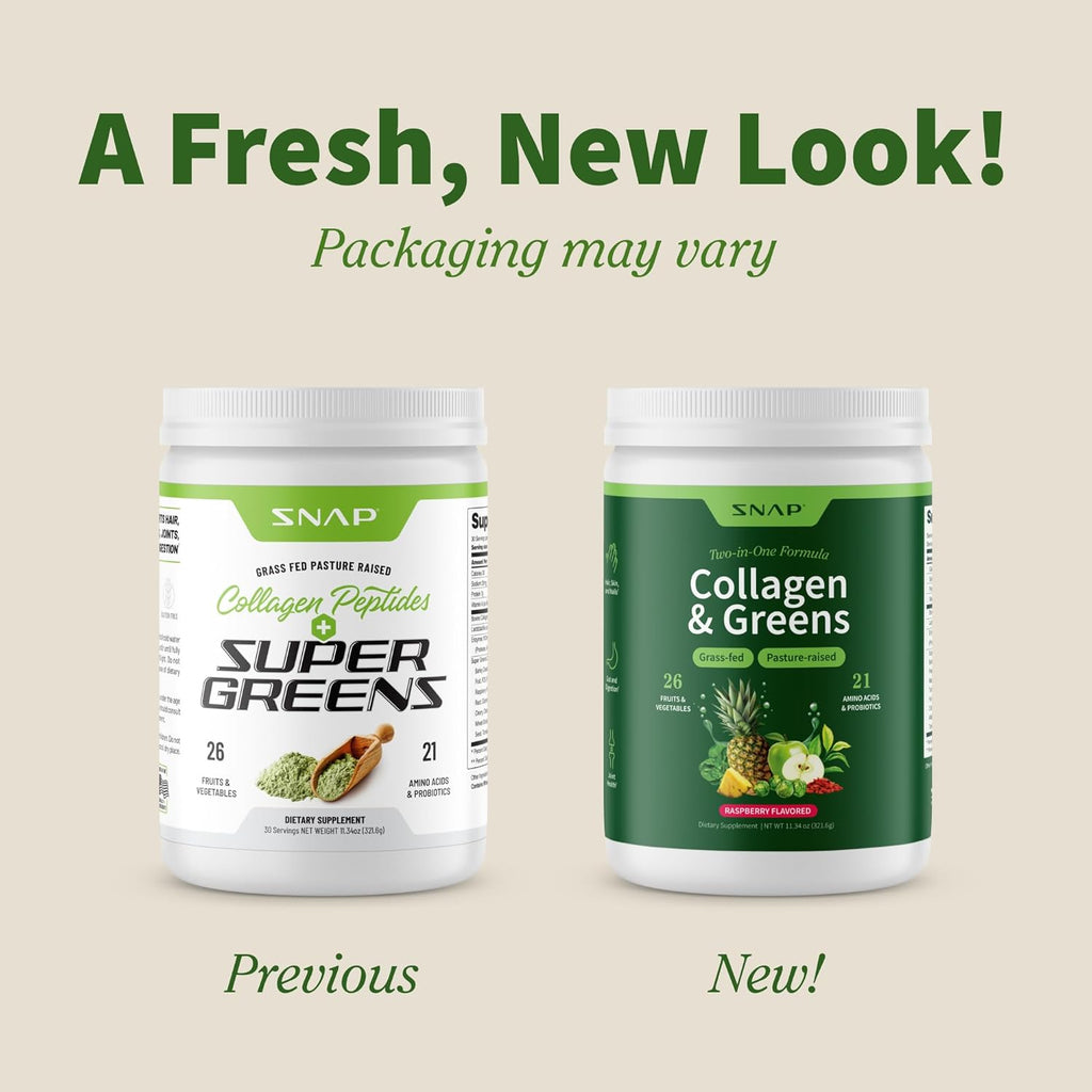 Snap Supplements Super Greens Powder with Collagen Peptides, 26 Fruits and Vegetables, Grass Fed, Non-GMO Daily Greens Superfood for Hair, Skin, Nails & Joint Support, 30 Servings