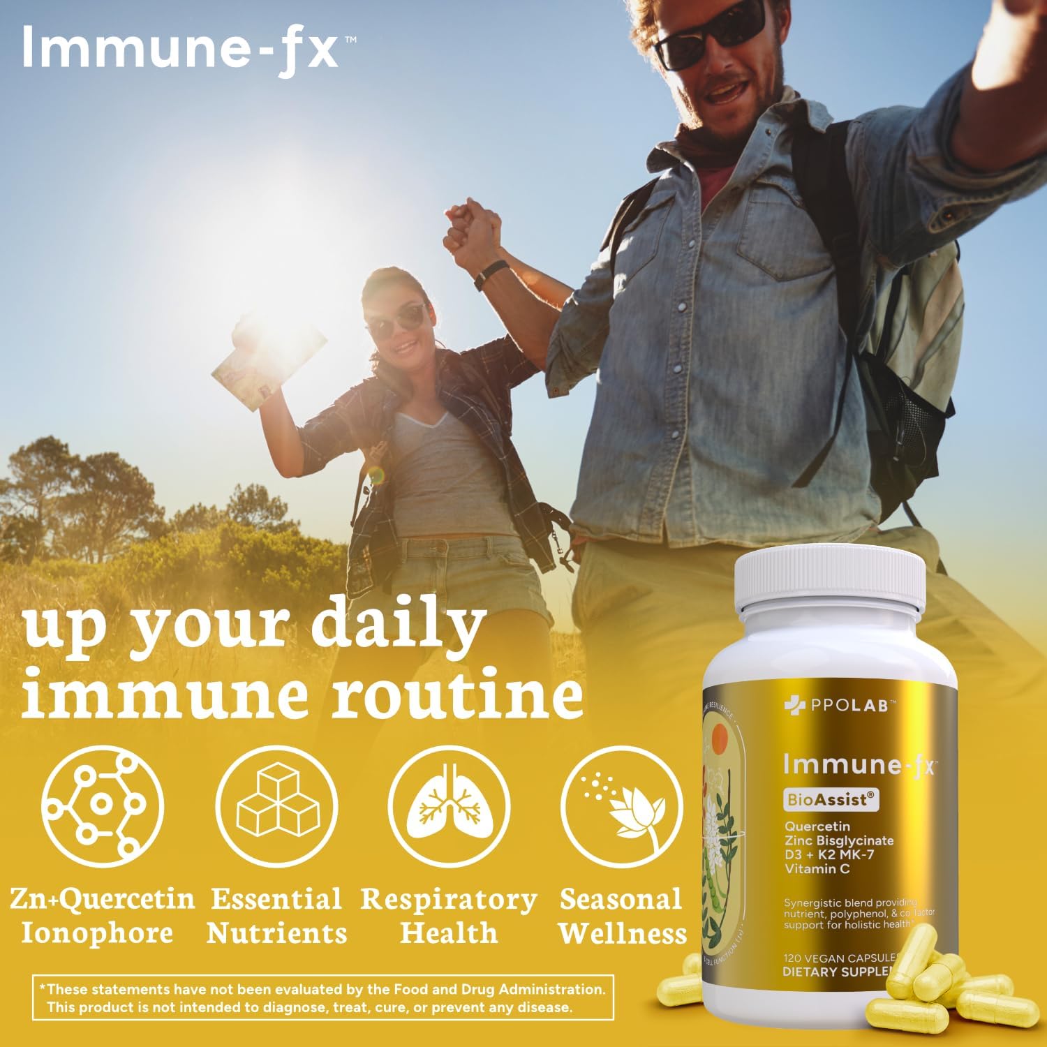 Immune-fx™ Advanced Daily Chelated Zinc Ionophore Immune Support Supplement with Quercetin 500mg Bioflavonoid, Antioxidant Vitamin C, D3, K2, DNA Heart Lung Aid, Clean Certified® 120 Vegan Capsules