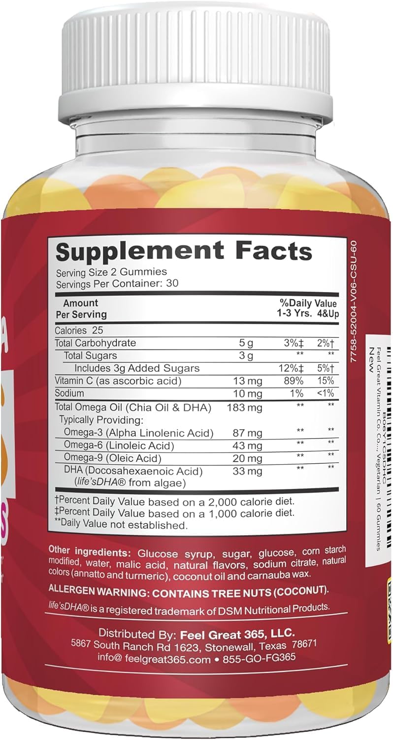 Feel Great Vitamins Kids DHA Gummies with Omega 3 6 9, Vitamin C (2-Pack) | Supports Healthy Brain Function, Vision & Heart Health | Gluten Free, Vegetarian | 60 Gummies
