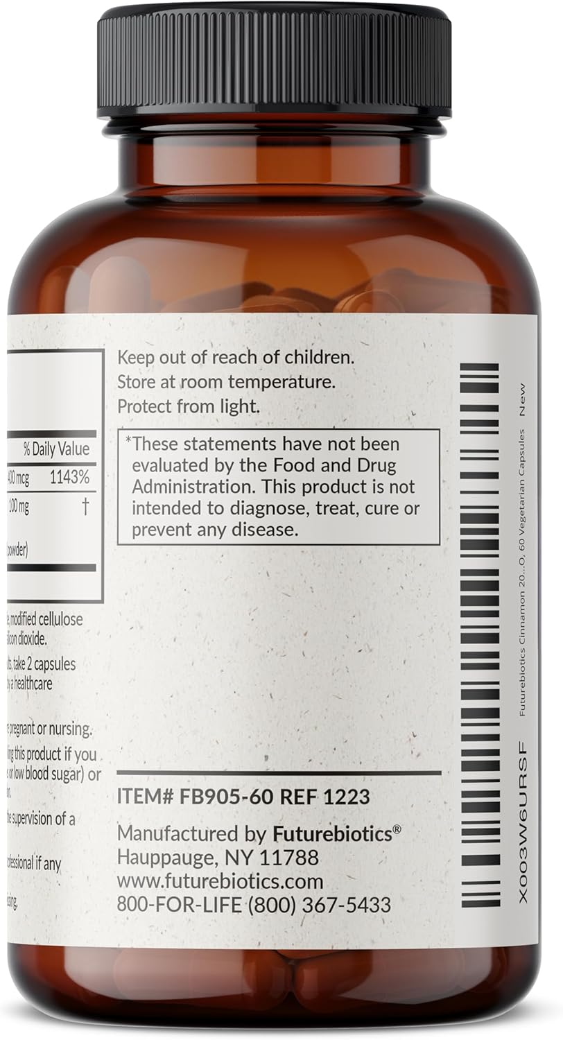 Futurebiotics Cinnamon Plus Chromium Picolinate Supplement, High Potency Chromium, Non-GMO, 60 Vegetarian Capsules
