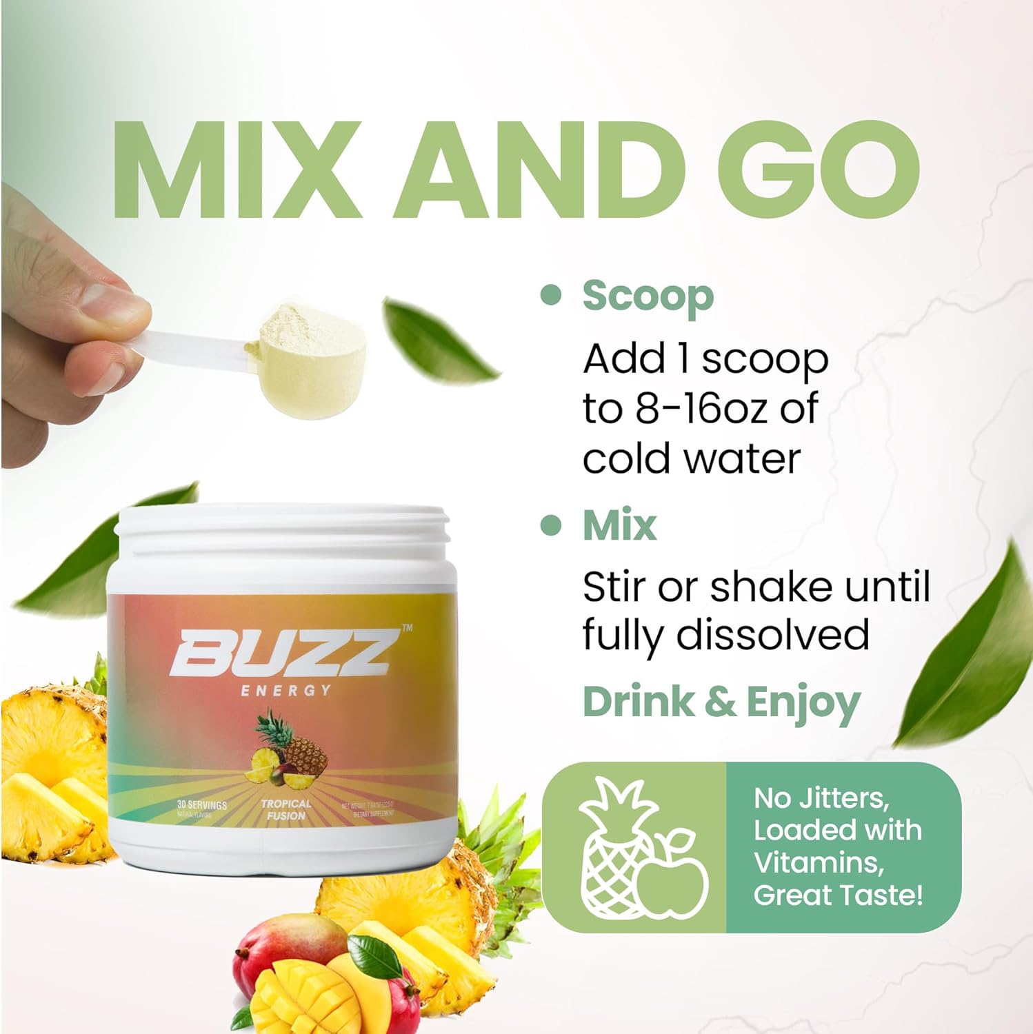 Energy Drink Powder - Energy Boost Drink Mix - Sugar-Free Energy with Antioxidants - Morning Kickstart and Sports Nutrition Endurance Product - 30 Servings, 8 Ounces (Tropical Fusion)