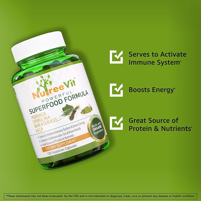 NutreeVit 100% Organic Powerful Superfood Formula - Immune System Booster Energy Pills with Moringa, Spirulina, Wheatgrass, and Kelp - 90 Count Bottle