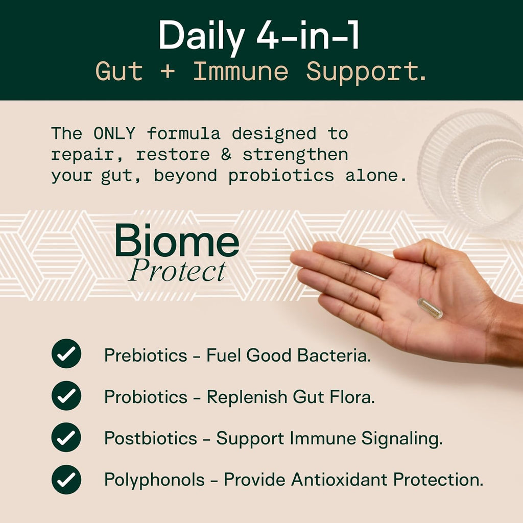 Adapt Naturals 4-in-1 Biome Protect Prebiotics, Probiotics Supplement Postbiotics & Polyphenols for Microbiome, Gut Health & Defense for Women & Men, 60 Day Supply