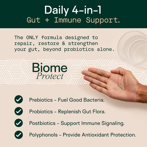Adapt Naturals 4-in-1 Biome Protect Prebiotics, Probiotics Supplement Postbiotics & Polyphenols for Microbiome, Gut Health & Defense for Women & Men, 60 Day Supply