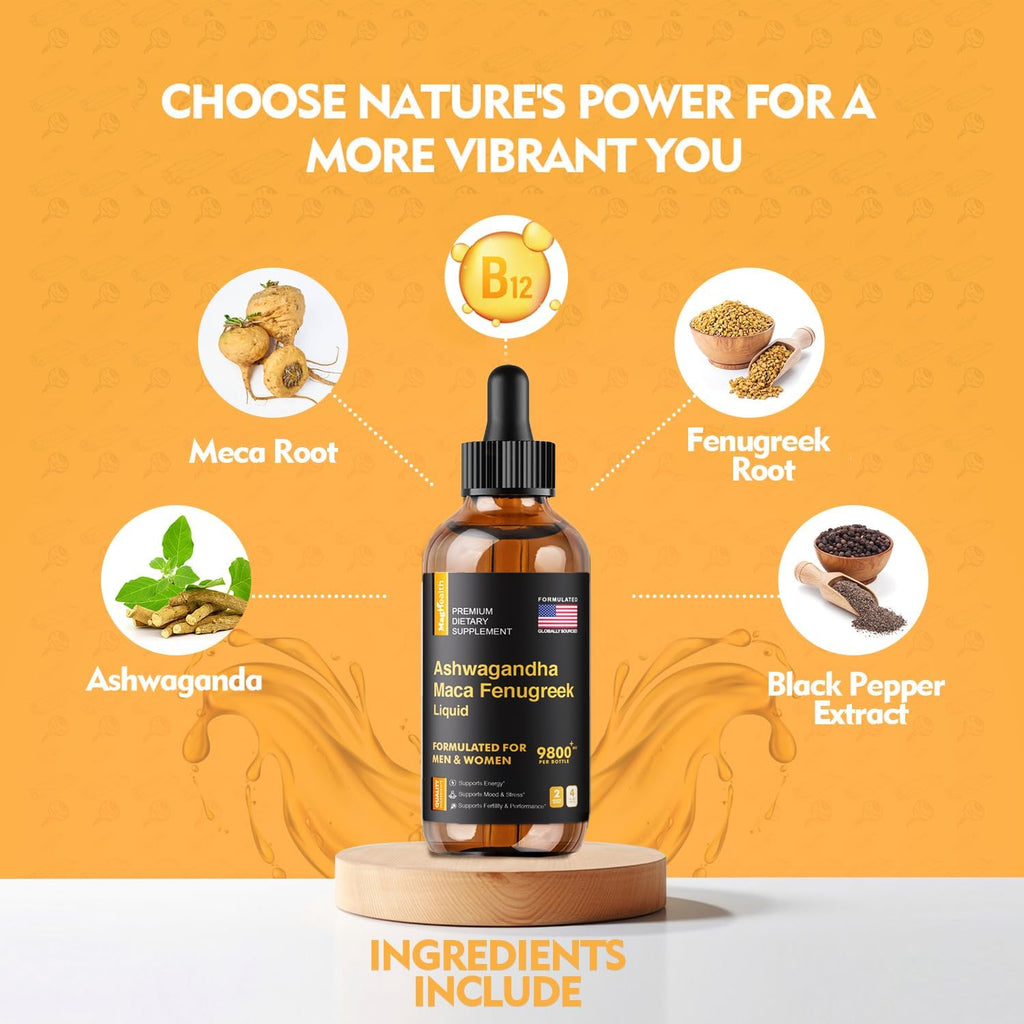 Ashwagandha Maca Fenugreek Extracts - Focus, Energy and Performance - Cortisol Supplement - Cortisol Manager - Liquid Supplement for Men & Women - 60 Day Servings, Vegan Drops
