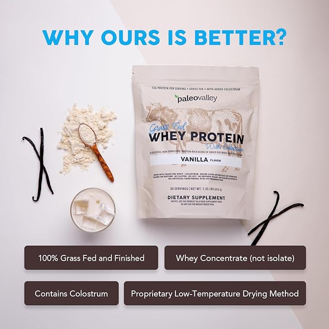 Paleovalley 100% Grassfed Whey Protein Powder with Colostrum, 30 Serving, 13g Protein, Vanilla, Muscle Building, Immune Support, Gut Health