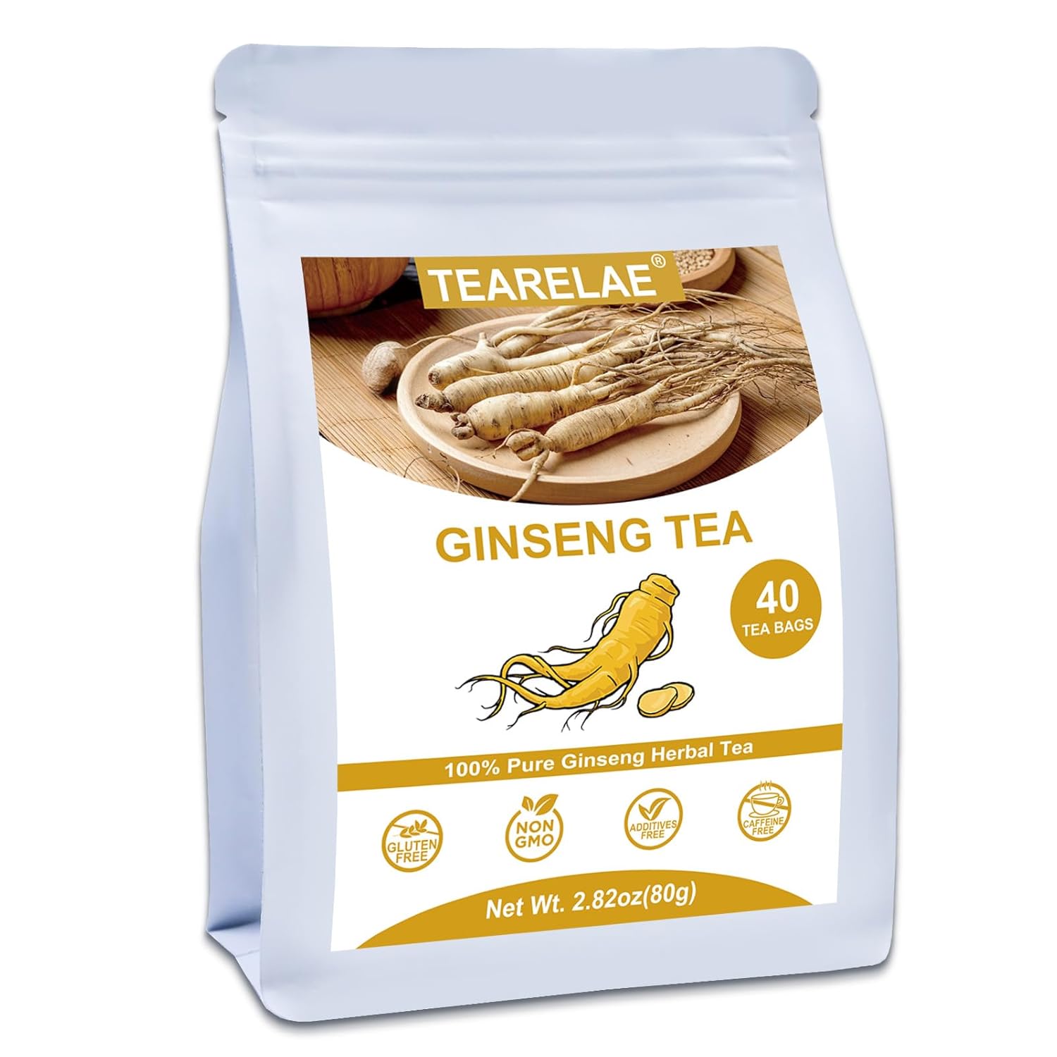 TEARELAE - Ginseng Tea, 40 Count - Pure Ginseng Root Tea Bags - Smooth Flavor - Boost Energy and Focus - Non-GMO - Caffeine-Free