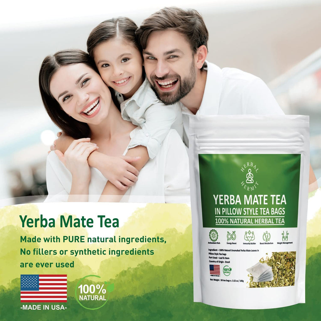 Herbal Hermit Yerba Mate herbal-teas with 50 tea bags Natural Yerba Matte Rich in Chlorophyll, Made in USA