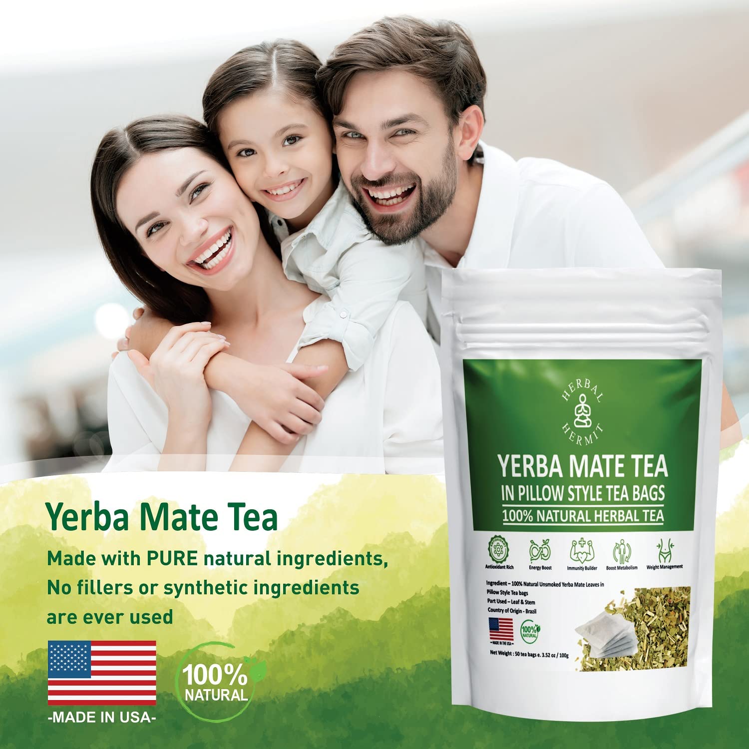 Herbal Hermit Yerba Mate herbal-teas with 50 tea bags Natural Yerba Matte Rich in Chlorophyll, Made in USA