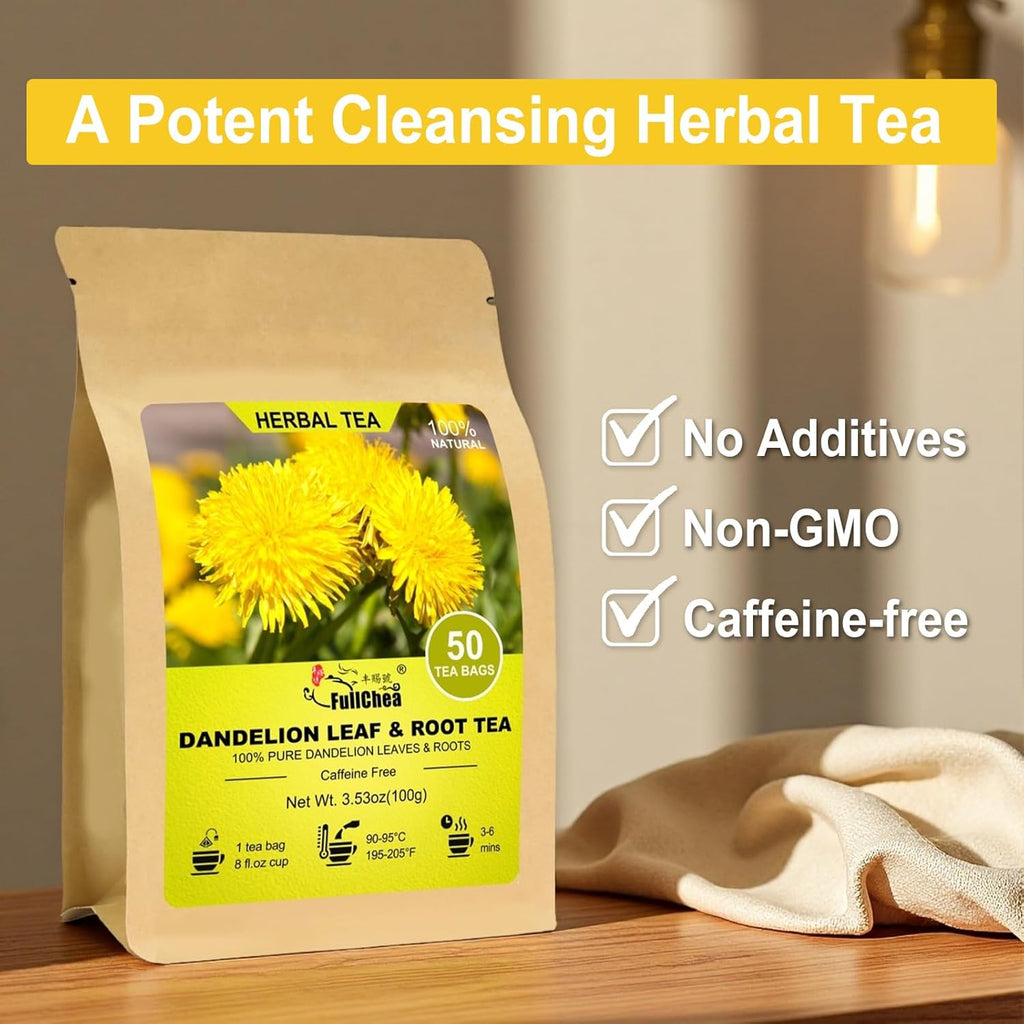 FullChea - Dandelion Leaf & Root Tea bags, 50 Teabags - Natural Dandelion Herbal Tea for Liver & Kidney Health - Non-GMO - Caffeine-free - Support Digestion & Boost Immune System